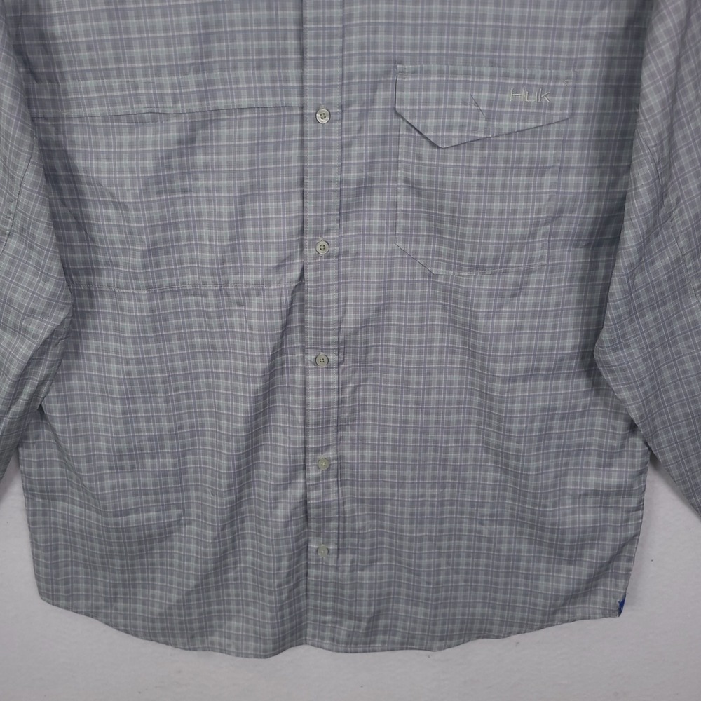 Huk Performance Fishing Button Up Shirt Mens XXL Grey Plaid Long Sleeve Vented - Picture 6 of 11
